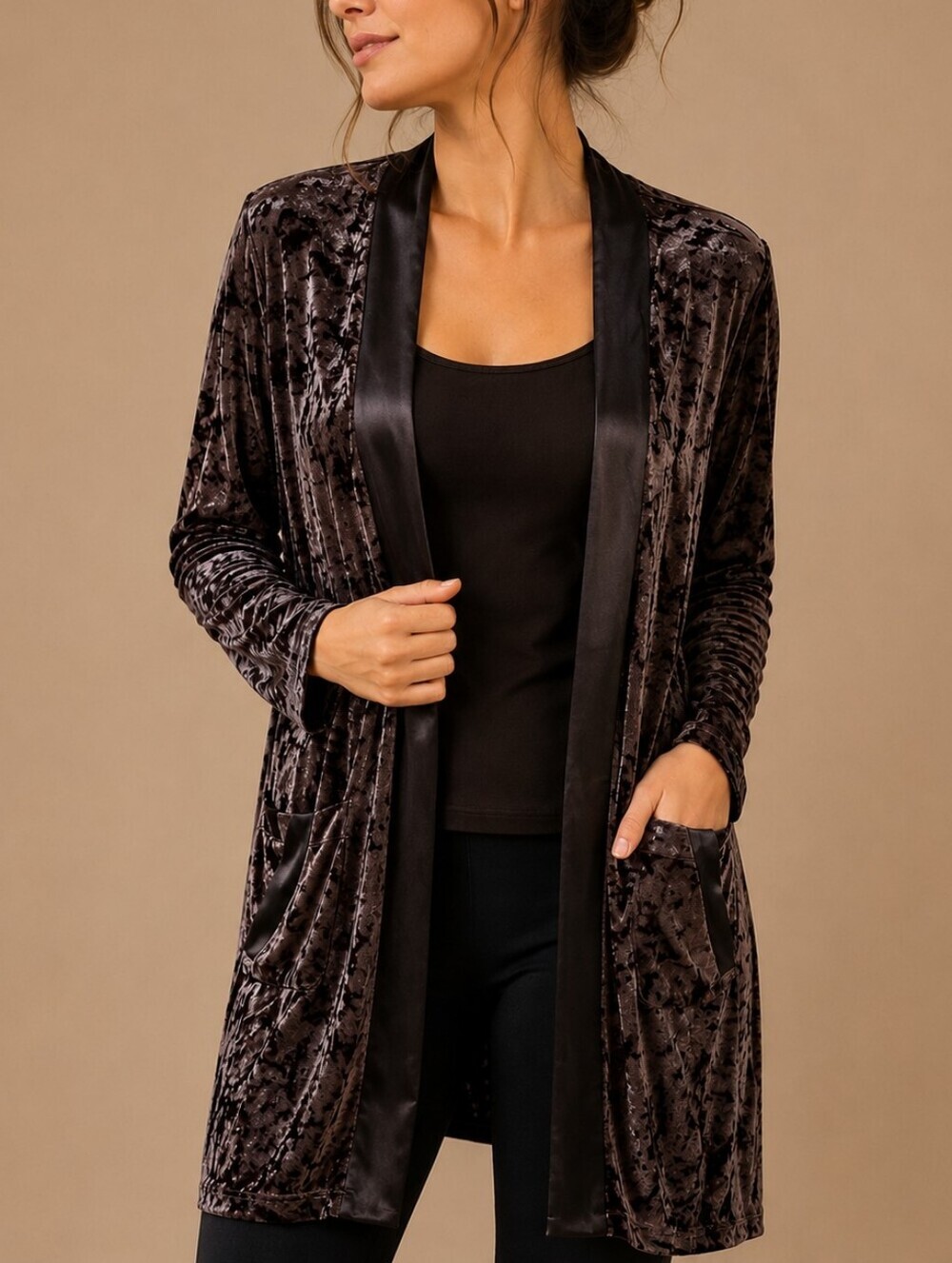 Llove Dark Brown Crushed Velour Open Front Kimono Size Medium